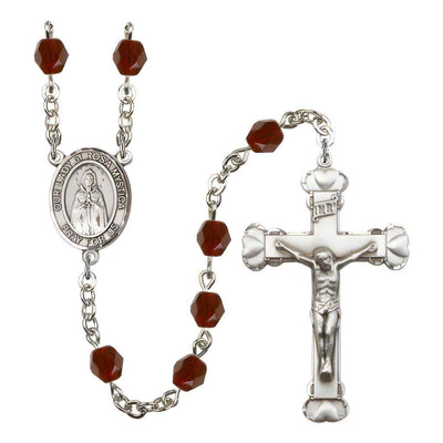 Our Lady of Rosa Mystica Rosary with Pewter Heart Crucifix and Centerpiece, Birthstone 6mm Fire Polished Garnet Beads for January
