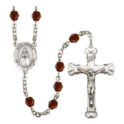 Spanish Rosa Mystica Rosary with Pewter Heart Crucifix and Centerpiece, Birthstone 6mm Fire Polished Garnet Beads for January
