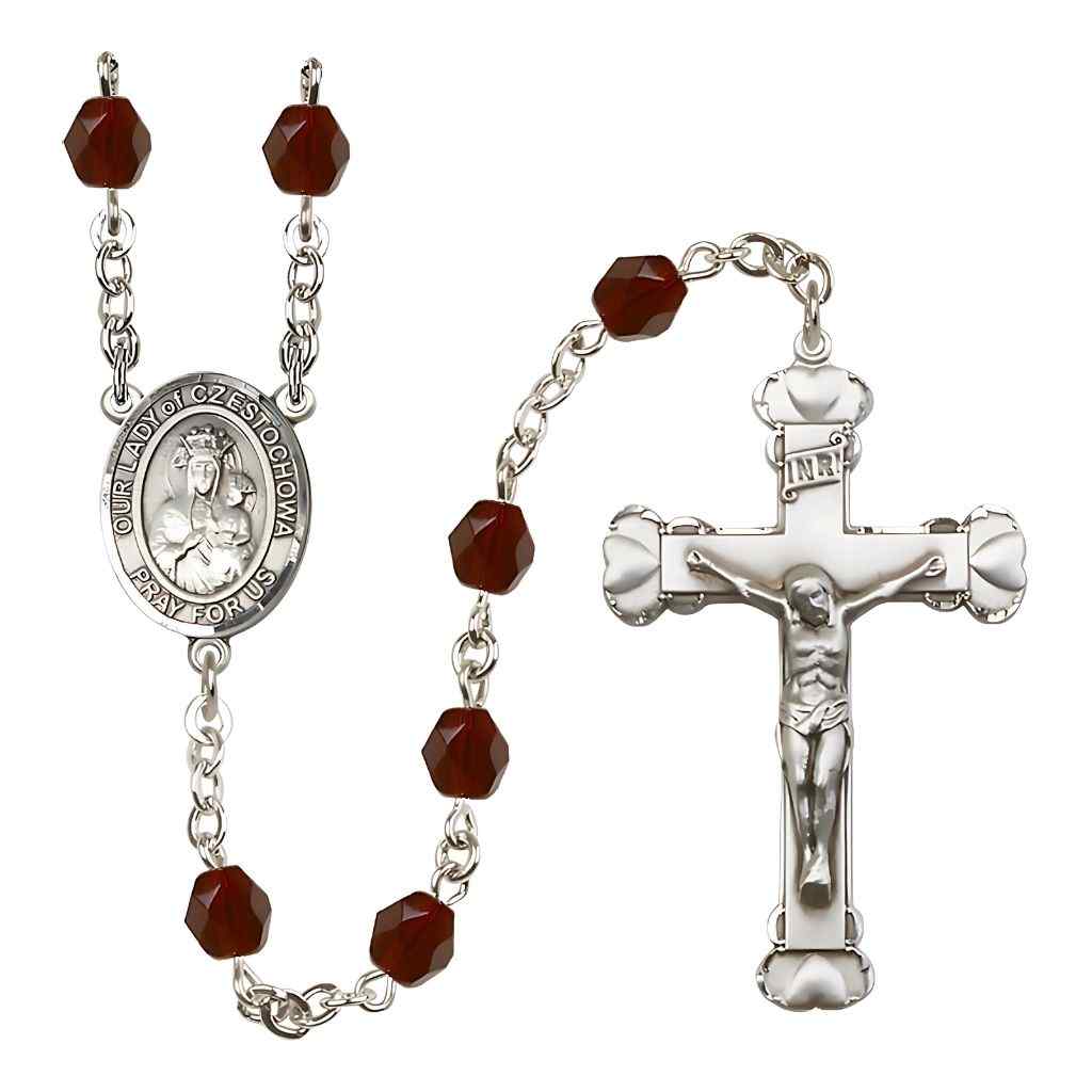 Our Lady of Czestochowa Rosary with Pewter Heart Tip Crucifix and Centerpiece, Birthstone 6mm Fire Polished Garnet Beads for January