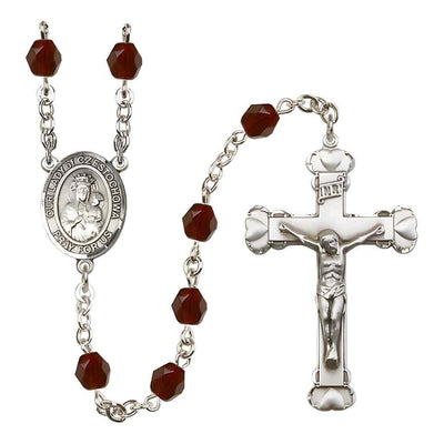 Our Lady of Czestochowa Rosary with Pewter Heart Tip Crucifix and Centerpiece, Birthstone 6mm Fire Polished Garnet Beads for January