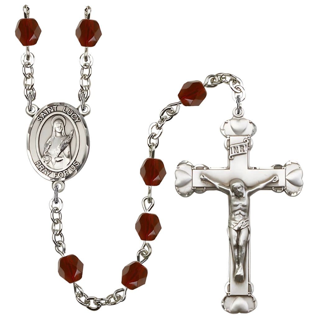 St. Lucy Silver-Plated Garnet Crystal Birthstone Heart Rosary,