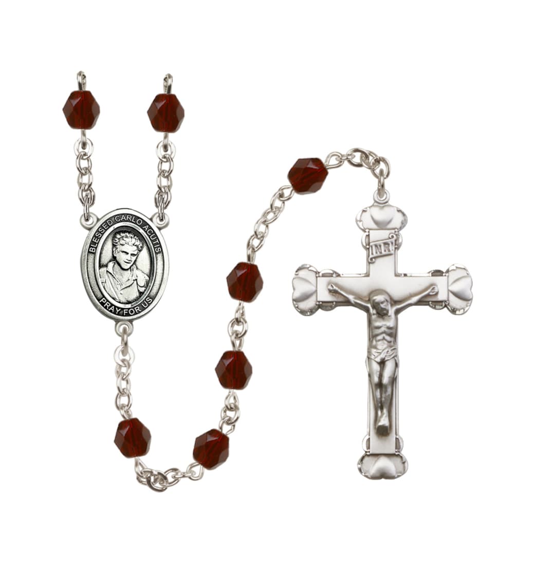 Bliss Silver-Plated Garnet/Jan Crystal Blessed Carlo Acutis Birthstone Heart Rosary