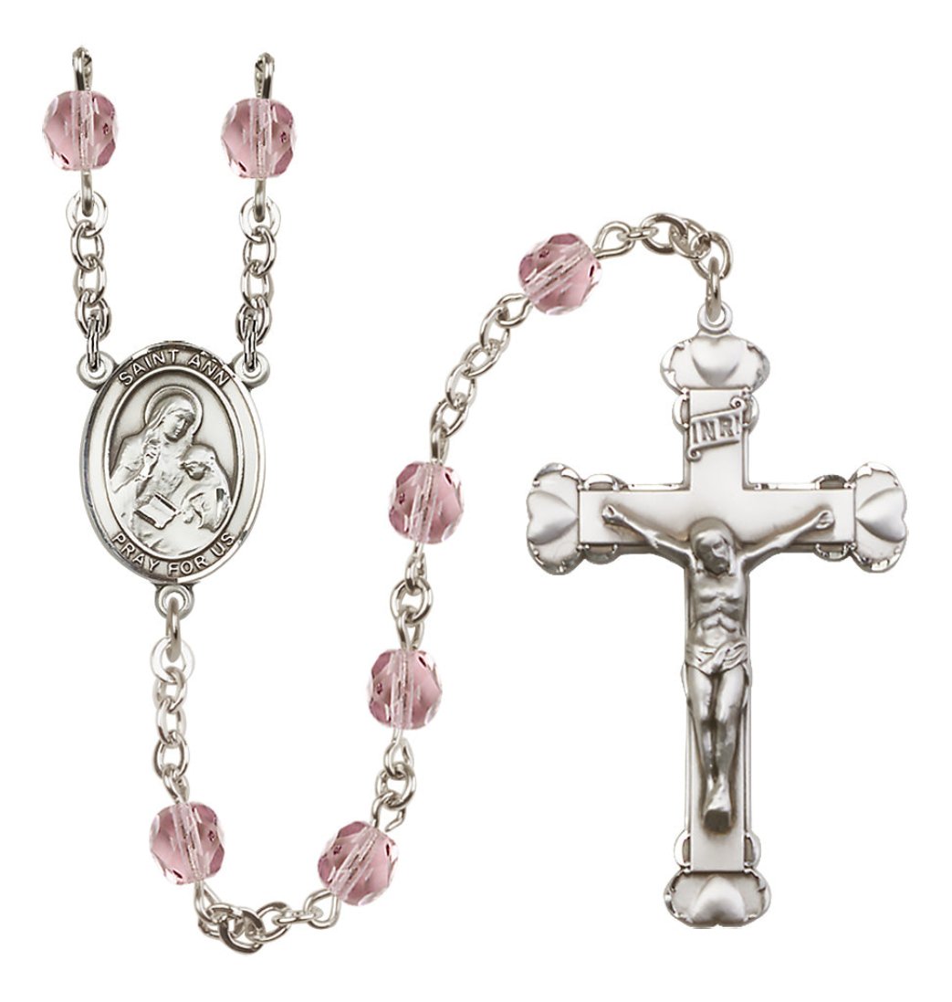 Bliss Manufacturing Silver Plated 6mm Fire Polished Saint Ann Rosary in Light Amethyst,