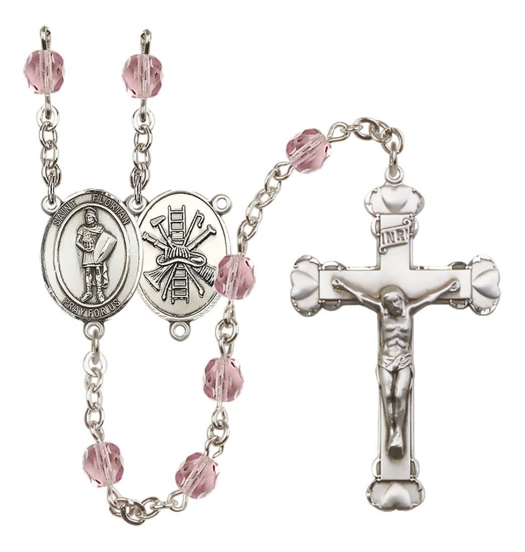 Bliss St Florian Firefighter Birthstone Crystal Silver-plated Heart Tip Rosary in Light Amethyst June Birthstone,