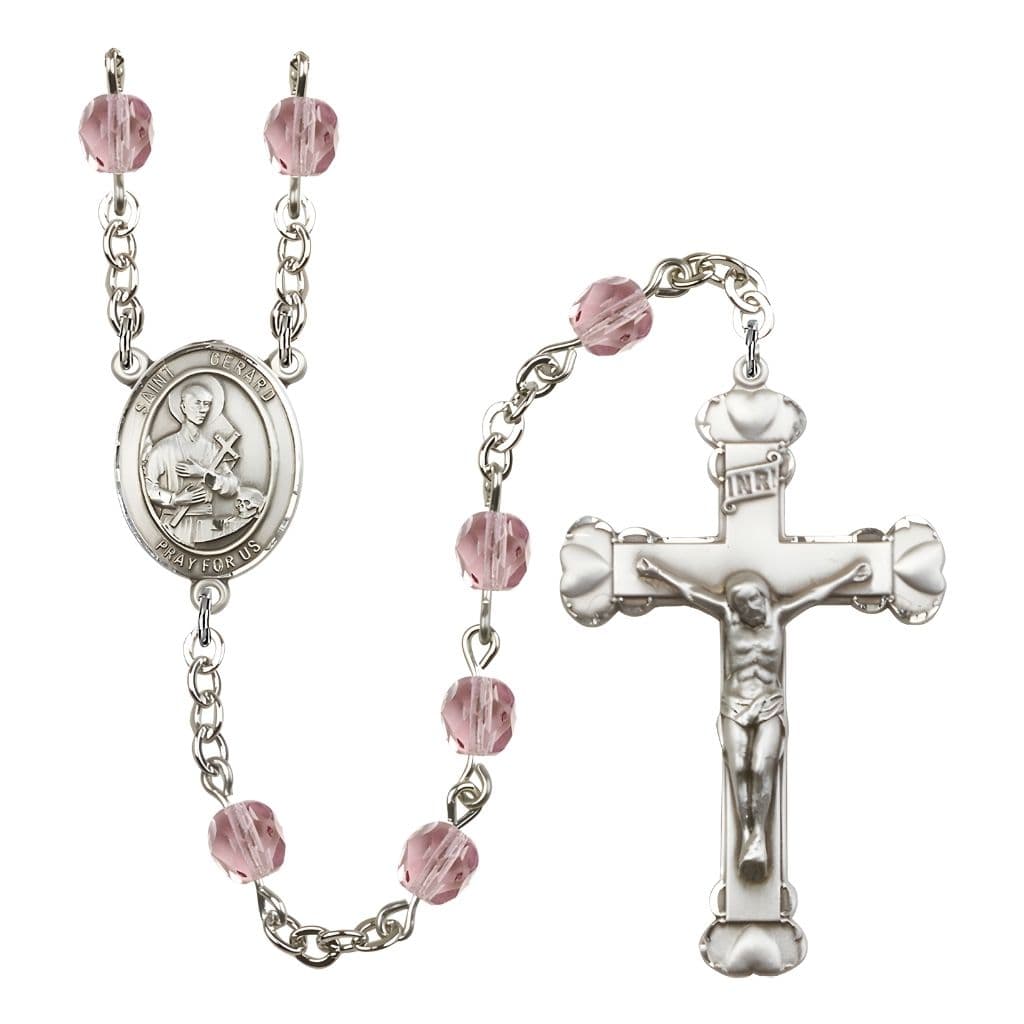 Bliss St. Gerard Majella Engravable Rosary with Pewter Crucifix Heart and Centerpiece, Birthstone 6mm Fire Polished Light Amethyst Beads for June