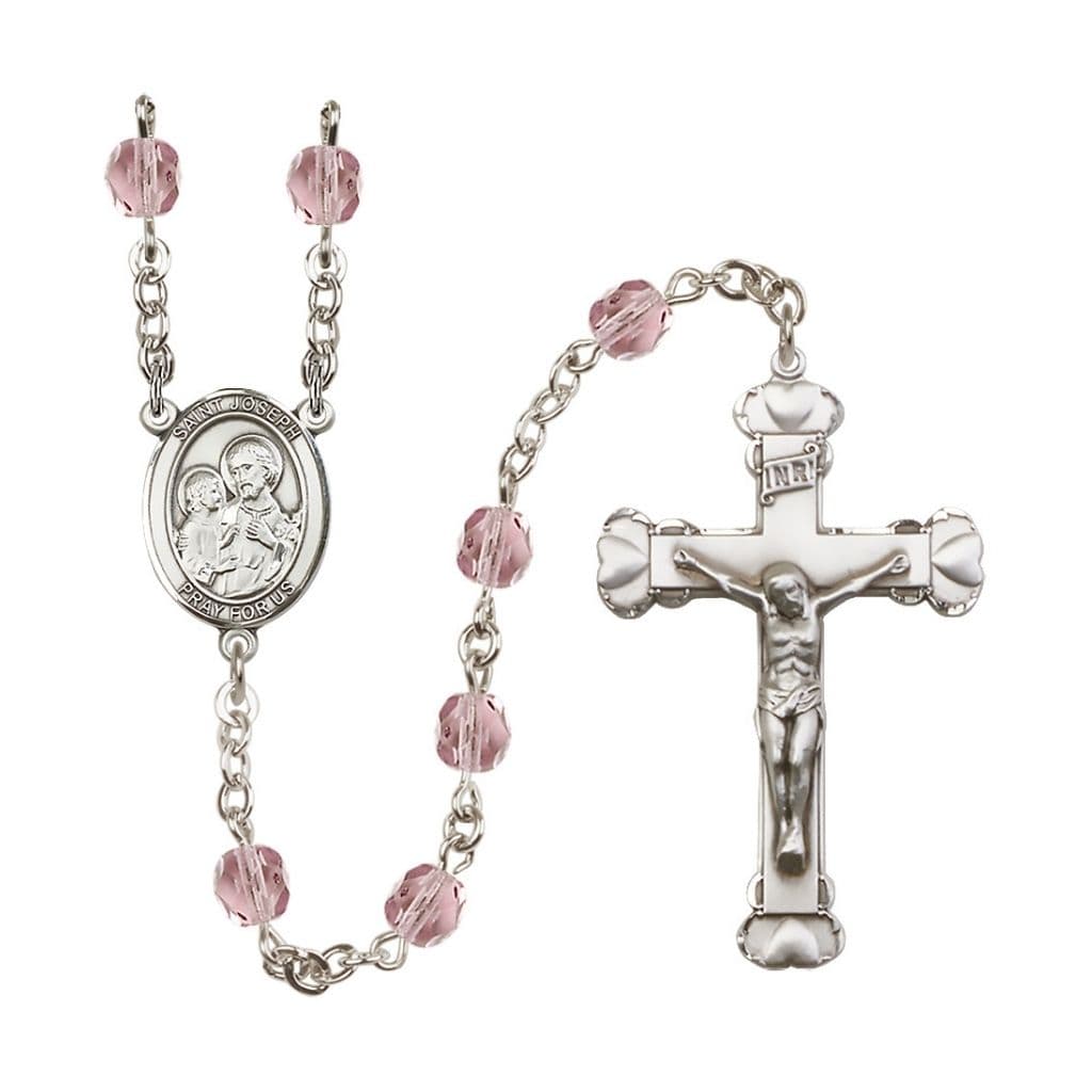 St. Joseph Rosary with Pewter Heart Crucifix and Centerpiece, Birthstone 6mm Fire Polished Light Amethyst Beads for June