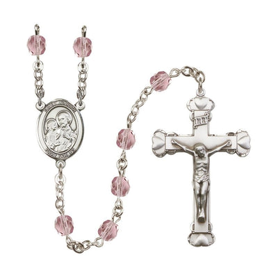 St. Joseph Rosary with Pewter Heart Crucifix and Centerpiece, Birthstone 6mm Fire Polished Light Amethyst Beads for June