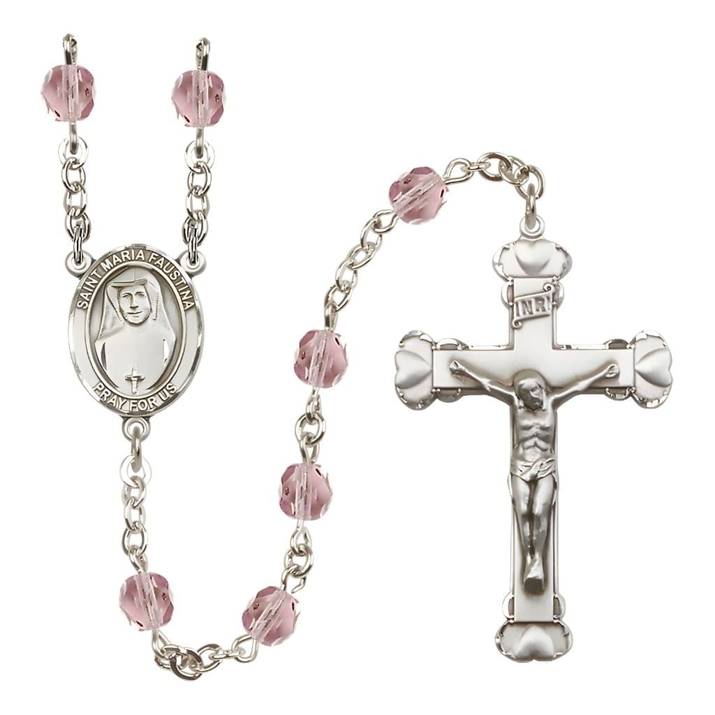 Bliss St. Maria Faustina Birthstone Engravable Heart Edge Rosary with Fire Polished Light Amethyst Beads,