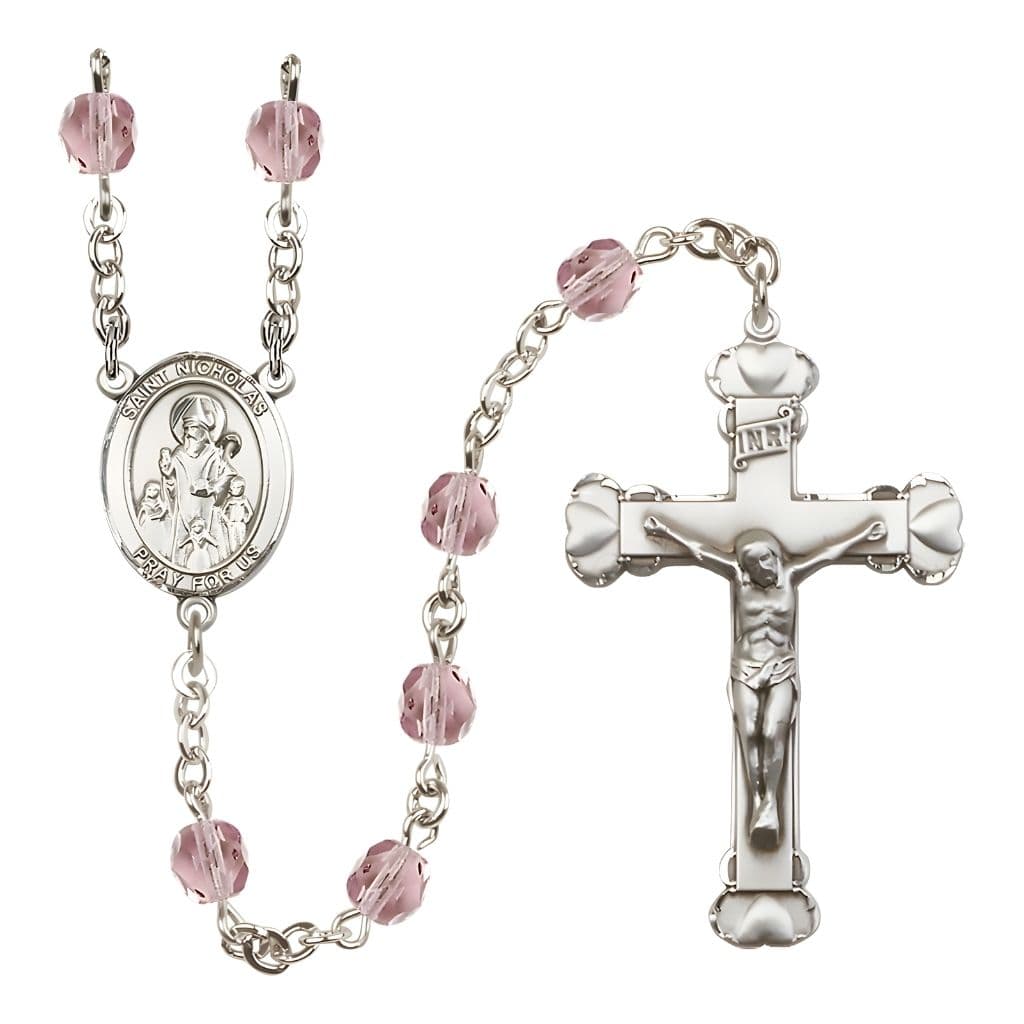 Bliss St. Nicholas Engravable Rosary with Pewter Centerpiece and Heart Crucifix, June Birthstone 6mm Light Amethyst Fire Polish Beads