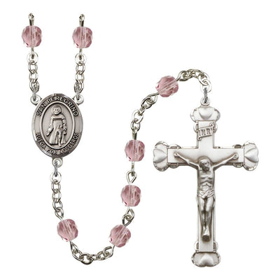 Spanish San Peregrino Rosary with Pewter Heart Crucifix and Centerpiece, Birthstone 6mm Fire Polished Light Amethyst Beads for June, Bliss Manufacturing