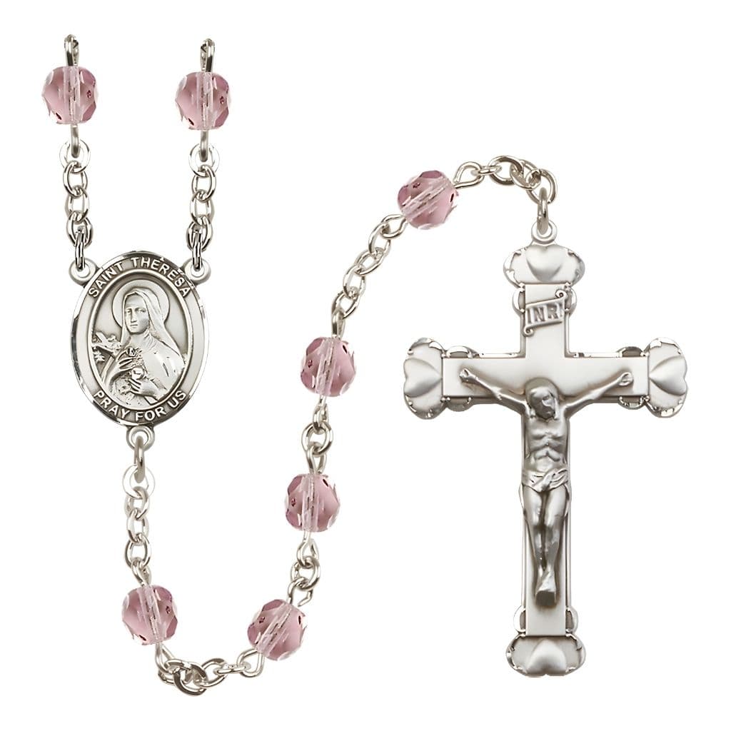 Bliss Birthstone 6mm Light Amethyst Fire Polished Silver-plated Engravable Rosary with Pewter St. Theresa Center and Heart Edge Crucifix