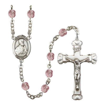 St. Thomas the Apostle Rosary with Pewter Heart Crucifix and Centerpiece, Birthstone 6mm Fire Polished Light Amethyst Beads for June