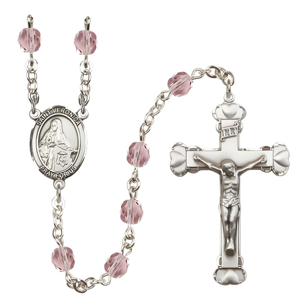 Bliss St. Veronica Rosary with Pewter Heart Crucifix and Centerpiece, Birthstone 6mm Fire Polished Light Amethyst Beads for June