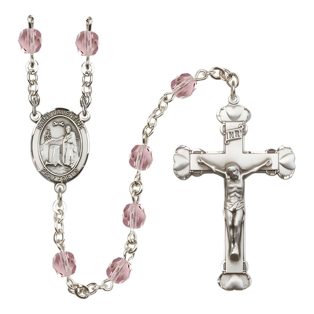 Bliss St. Valentine of Rome Rosary with Pewter Heart Crucifix and Centerpiece, Birthstone 6mm Fire Polished Light Amethyst Beads for June