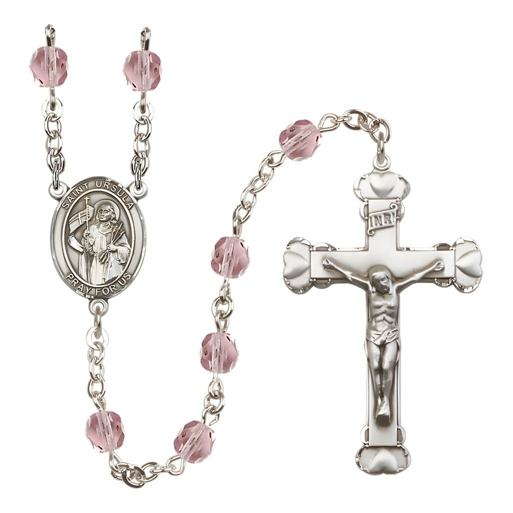Bliss St. Ursula Rosary with Pewter Heart Crucifix and Centerpiece, Birthstone 6mm Fire Polished Light Amethyst Beads for June