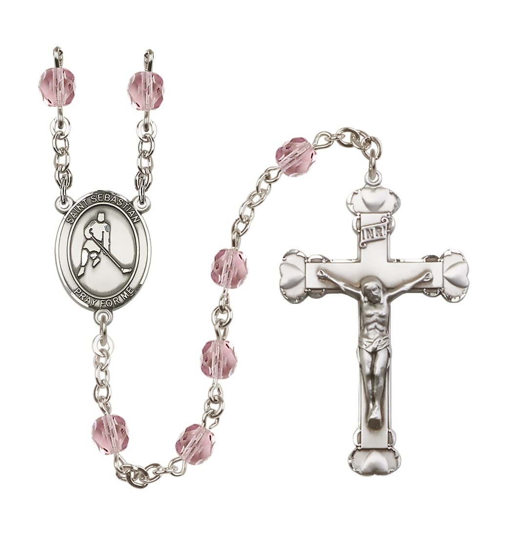 Bliss June Light Amethyst Heart St Sebastian Ice Hockey 6mm Fire Polished Rosary,