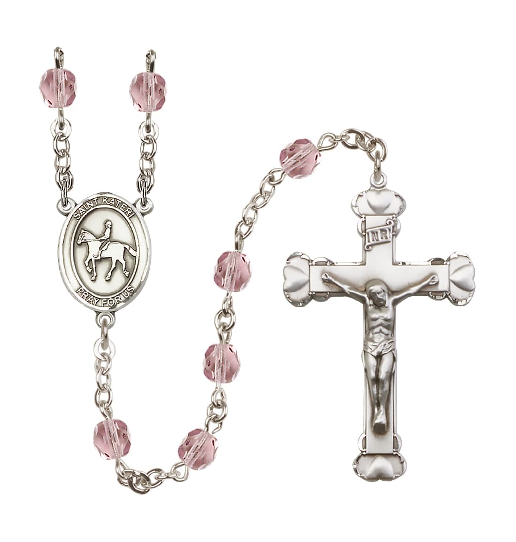 Bliss Birthstone Heart St Kateri Equestrian Light Amethyst/June 6mm Fire Polished Rosary,