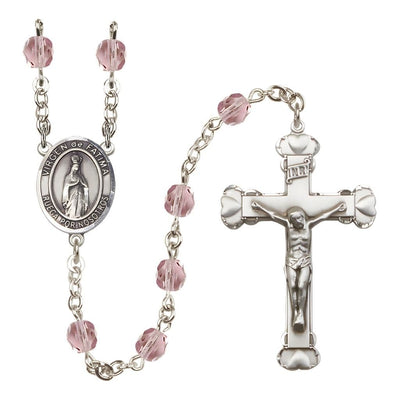 Spanish Virgen de Fatimas Rosary with Pewter Heart Crucifix and Centerpiece, Birthstone 6mm Fire Polished Light Amethyst Beads for June, Bliss Manufacturing