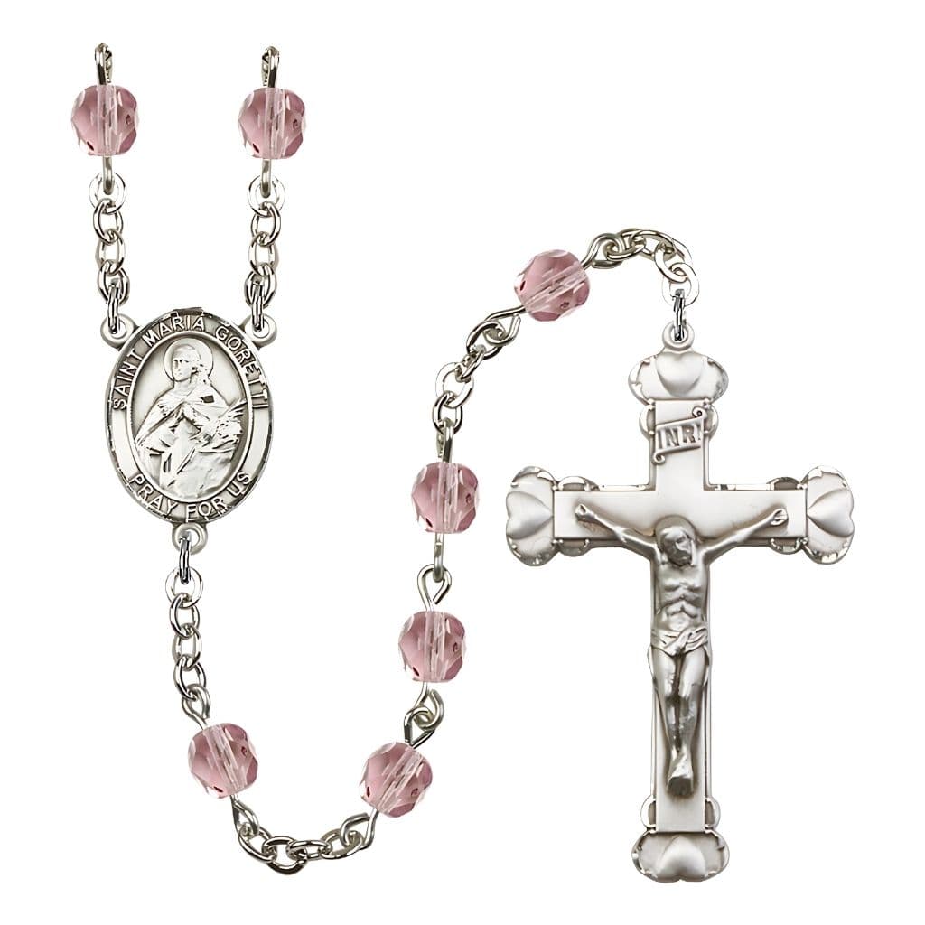 Bliss St. Maria Goretti Engraved Birthstone Fire Polished Rosary in Light Amethyst,