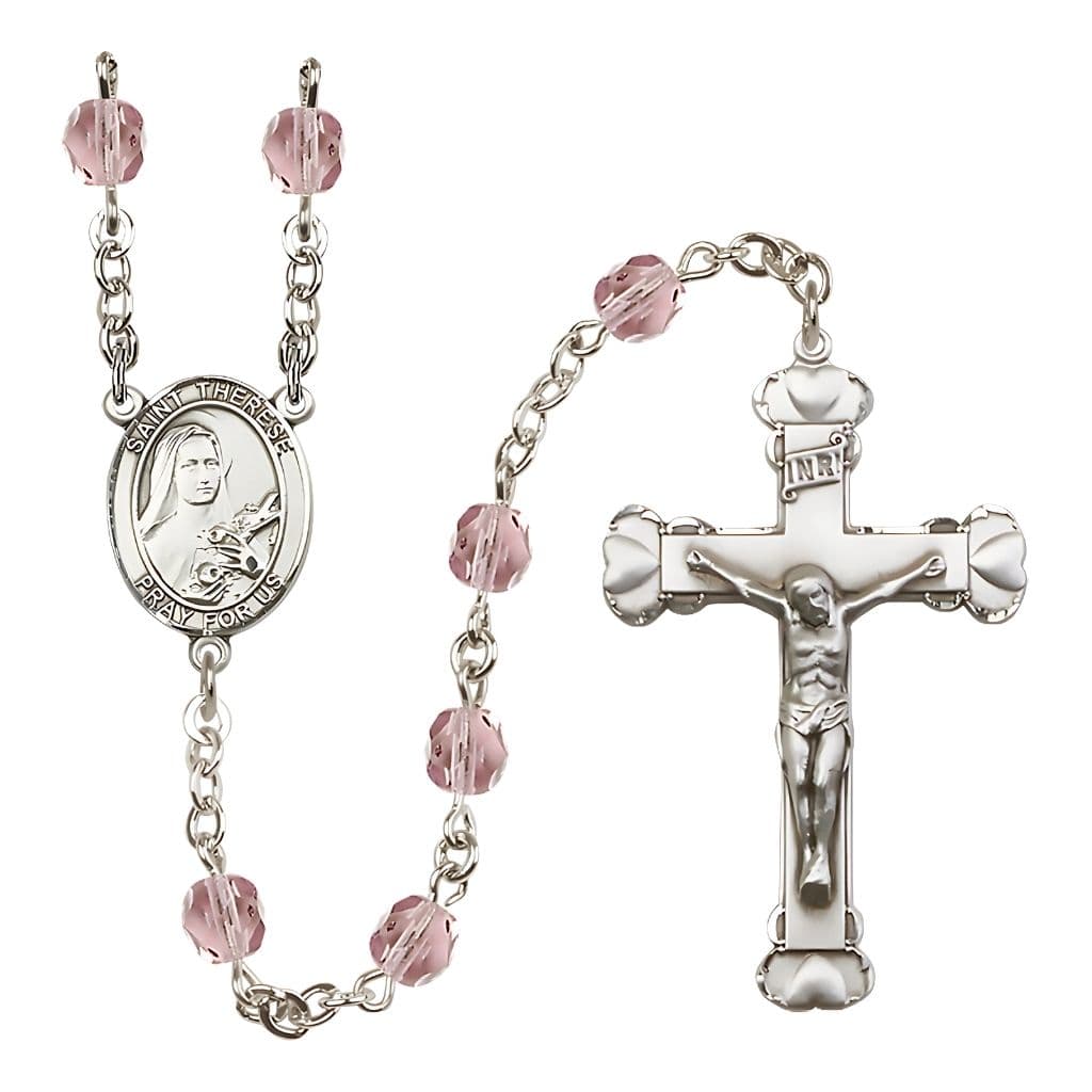 Bliss St. Therese of Lisieux Birthstone 6mm Light Amethyst Fire Polished Rosary with Pewter Crucifix and Centerpiece