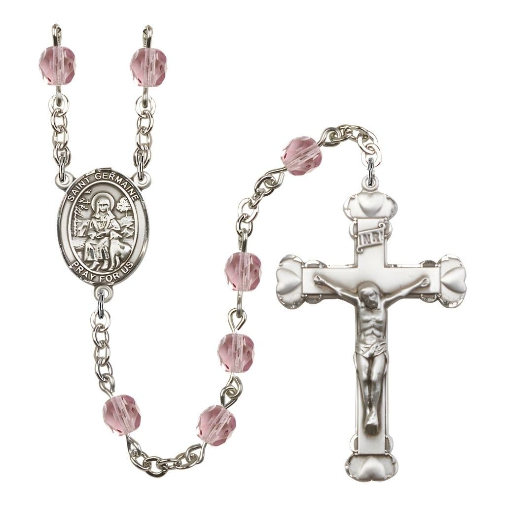 St. Germaine Cousin Rosary with Pewter Heart Crucifix and Centerpiece, Birthstone 6mm Fire Polished Light Amethyst Beads for June
