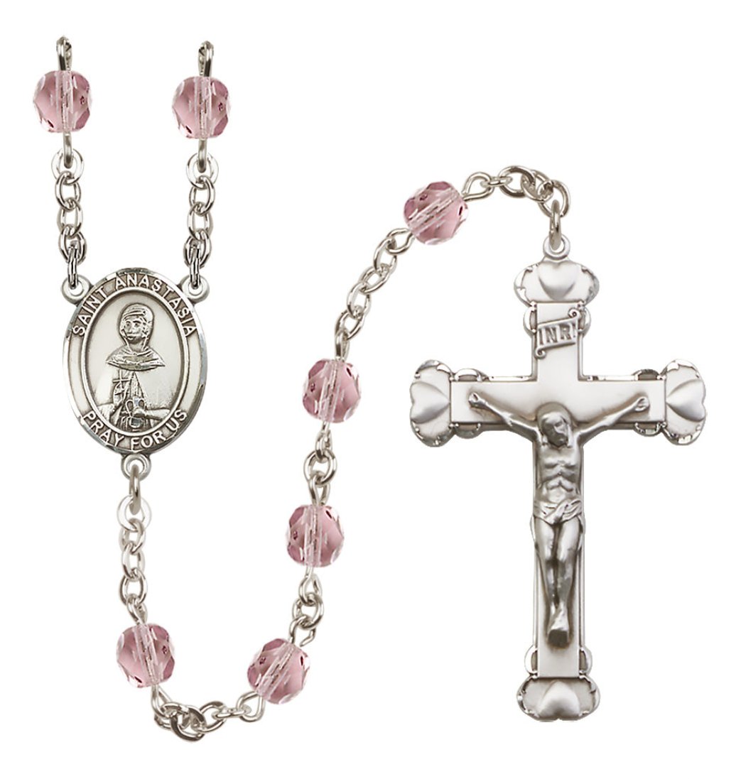 Bliss Silver-Plated Light Amethyst Crystal Saint Anastasia Birthstone Heart Rosary,