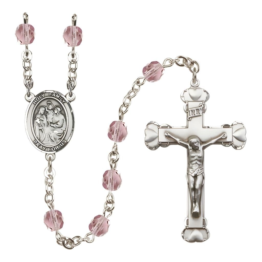 Bliss Holy Family Engravable Rosary with Pewter Heart Crucifix and Centerpiece, Birthstone 6mm Fire Polished Light Amethyst Beads for June