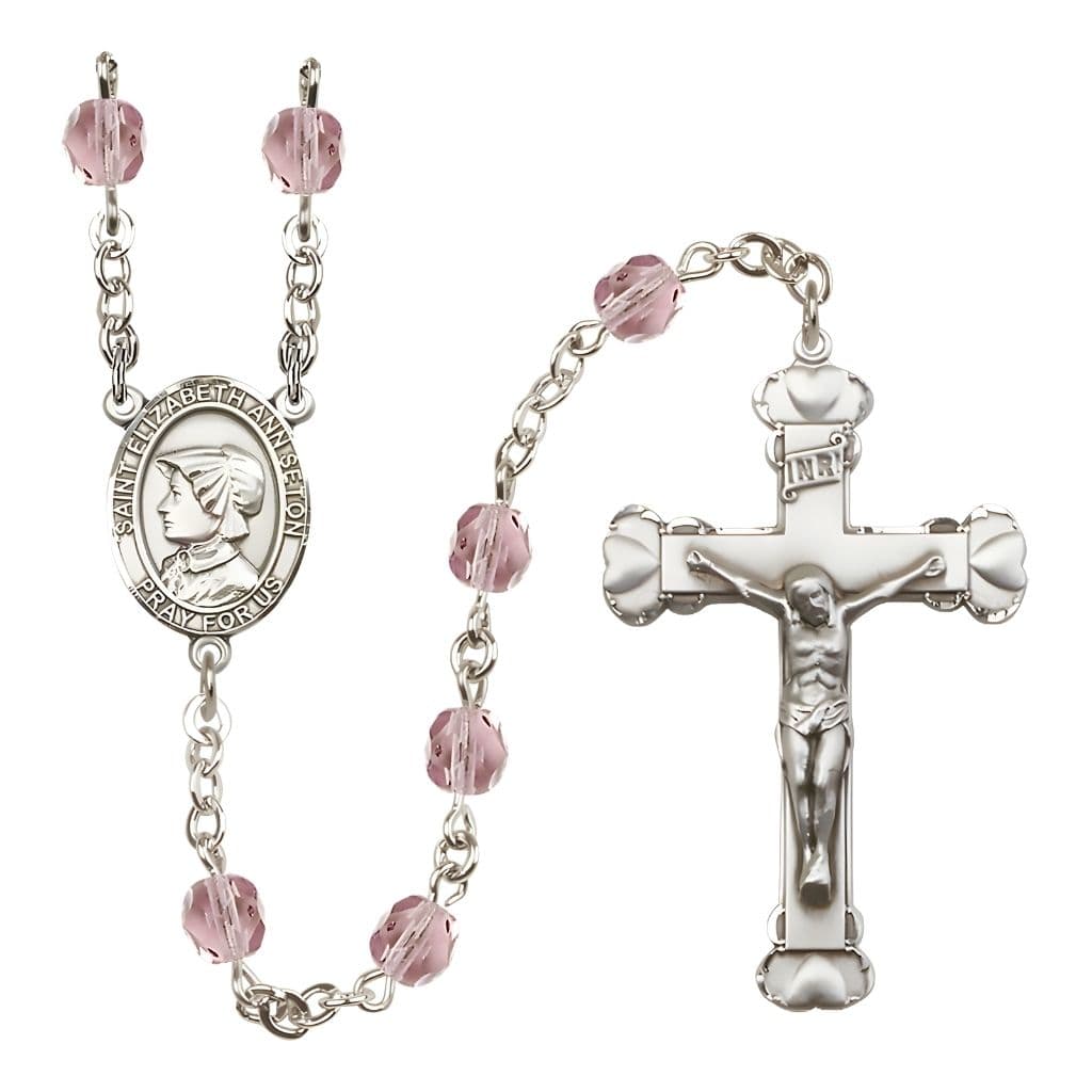 Bliss St. Elizabeth Ann Seton Rosary with Pewter Heart Crucifix and Centerpiece, Birthstone 6mm Fire Polished Light Amethyst Beads for June
