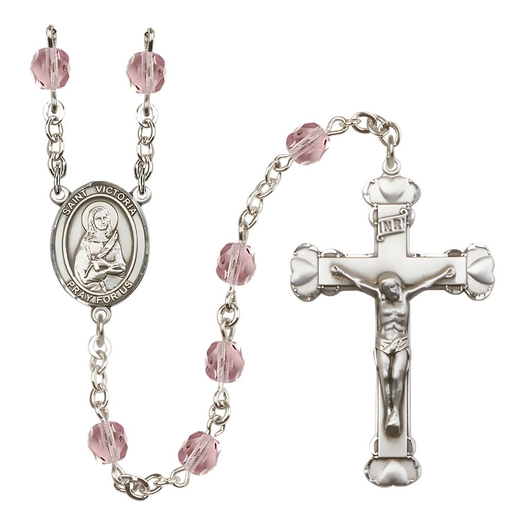 Bliss St. Victoria Rosary with Pewter Heart Crucifix and Centerpiece, Birthstone 6mm Fire Polished Light Amethyst Beads for June