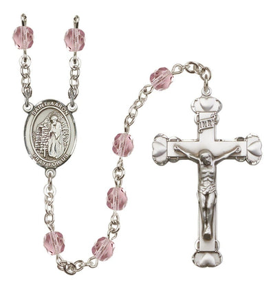 Silver-Plated Light Amethyst Crystal Saint Aaron Birthstone Heart Rosary, Bliss Manufacturing