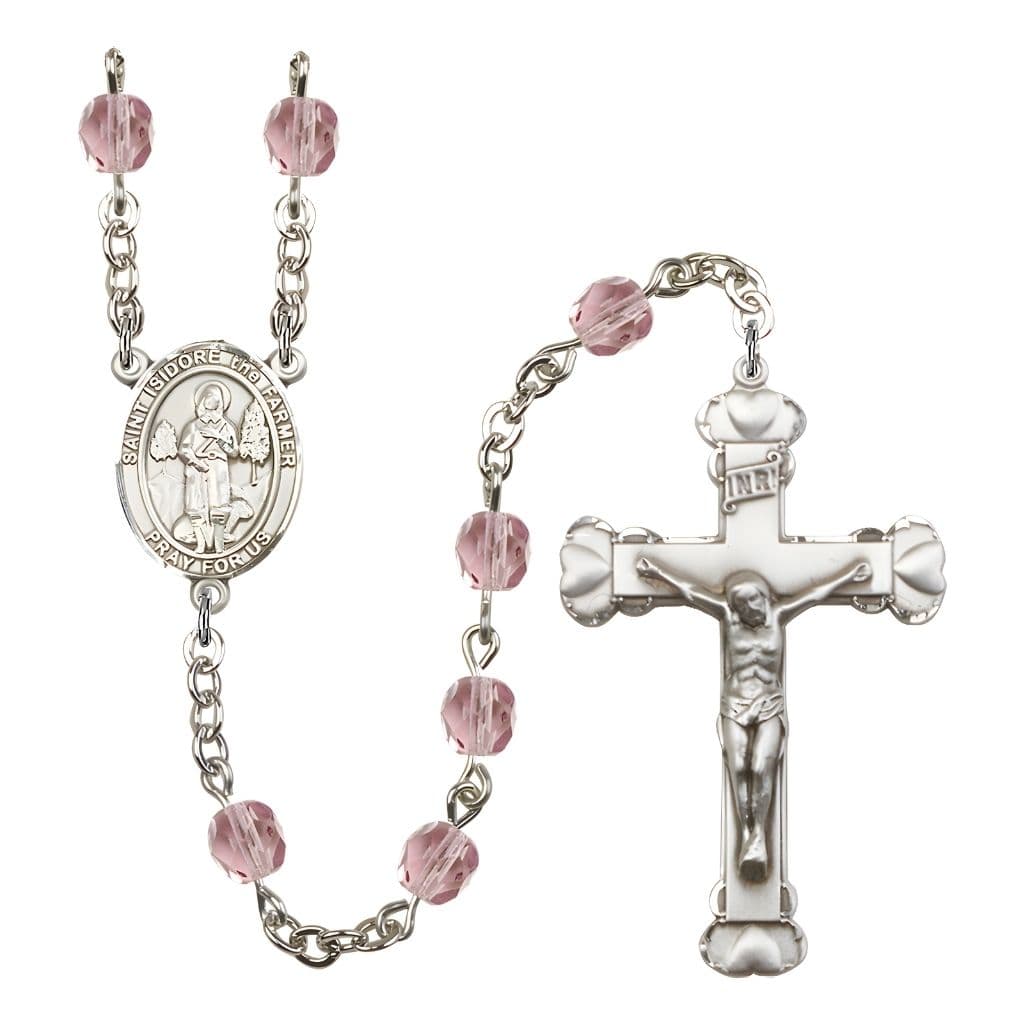 Bliss St. Isidore the Farmer Rosary with Pewter Heart Crucifix and Centerpiece, Birthstone 6mm Fire Polished Light Amethyst Beads for June