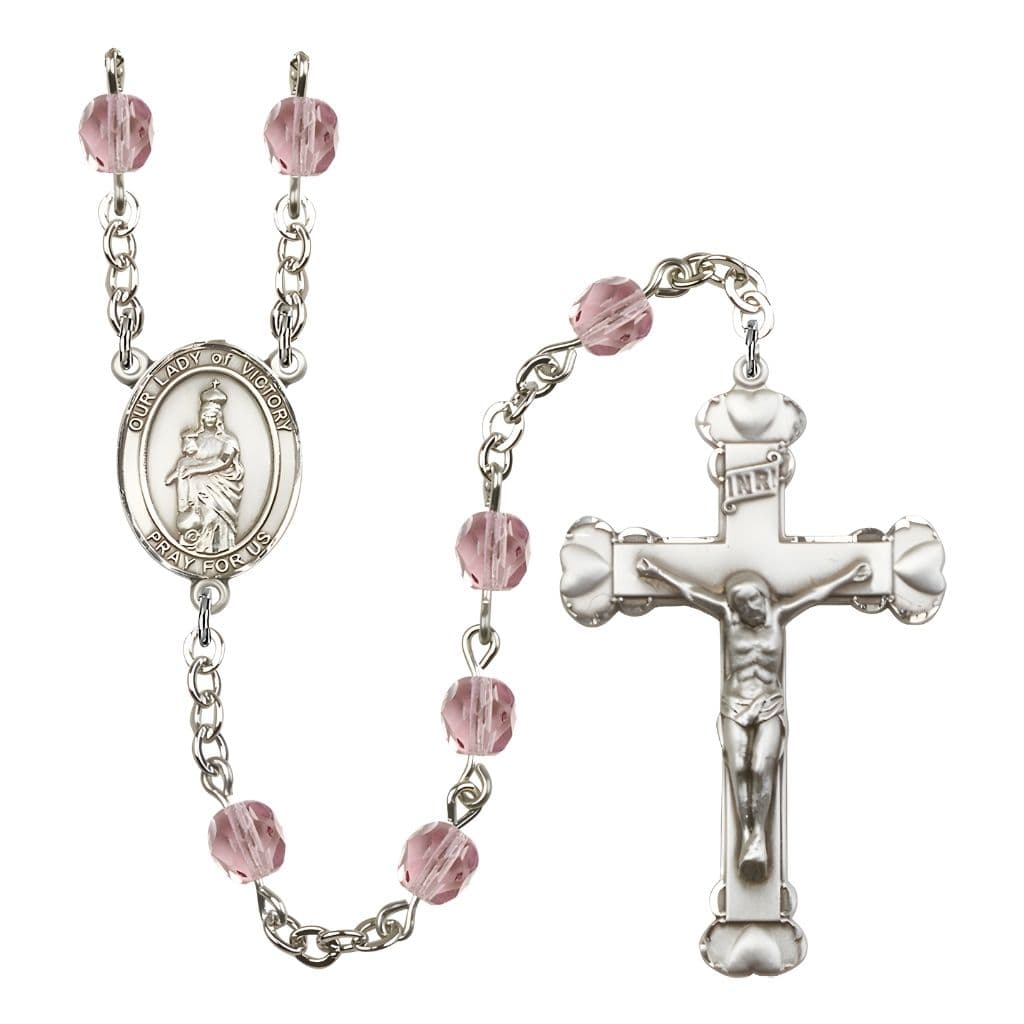 Bliss Our Lady of Victory Birthstone June Light Amethyst 6mm Fire Polished Silver-plated Engravable Heart Tip Rosary with Pewter Centerpiece and Crucifix