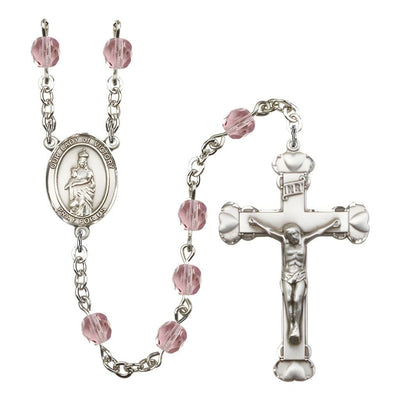 Our Lady of Victory Birthstone June Light Amethyst 6mm Fire Polished Silver-plated Engravable Heart Tip Rosary with Pewter Centerpiece and Crucifix, Bliss Manufacturing