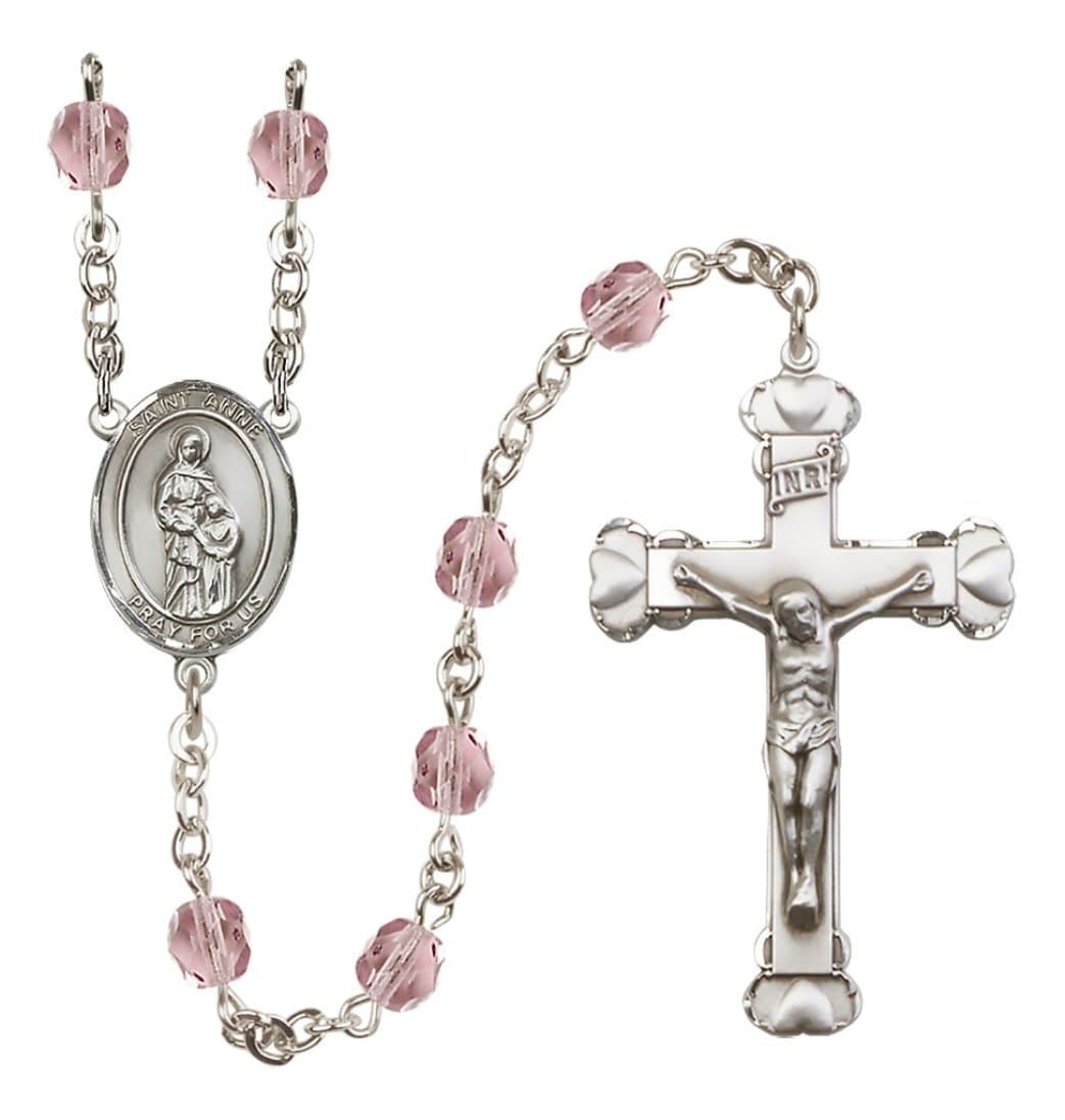 Bliss June Lt Amethyst Silver-Plated Crystal St Anne Birthstone Heart Rosary,