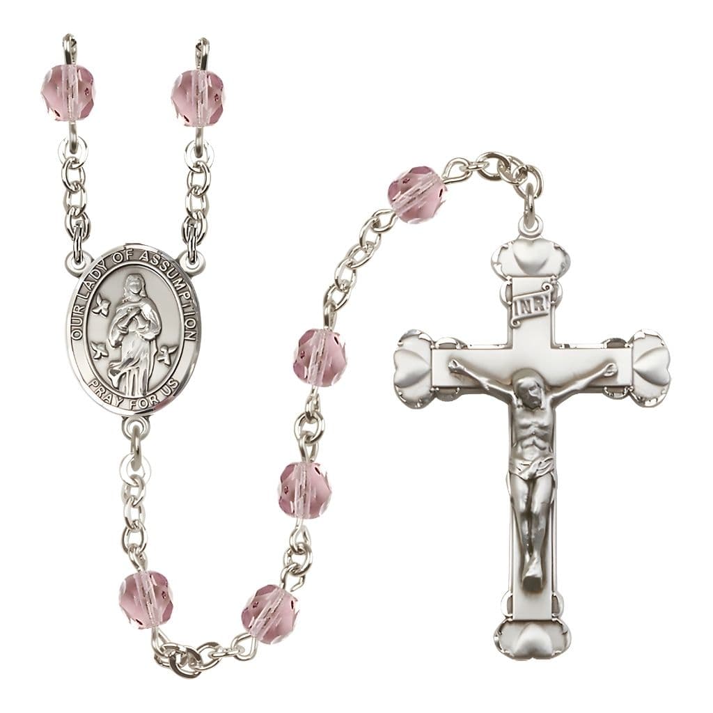 Our Lady of Assumption Engraved Birthstone 6mm Light Amethyst Fire Polished Silver-plated Rosary with Pewter Centerpiece and Heart Tip Crucifix