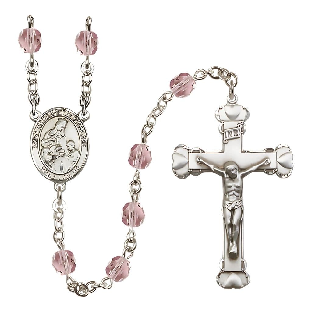 Bliss St. Margaret of Scotland Engraved Birthstone Fire Polished Rosary in Light Amethyst,