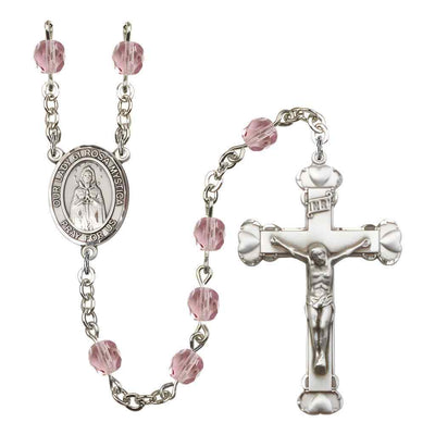 Our Lady of Rosa Mystica Rosary with Pewter Heart Crucifix and Centerpiece, Birthstone 6mm Fire Polished Light Amethyst Beads for June