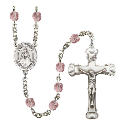 Spanish Rosa Mystica Rosary with Pewter Heart Crucifix and Centerpiece, Birthstone 6mm Fire Polished Light Amethyst Beads for June