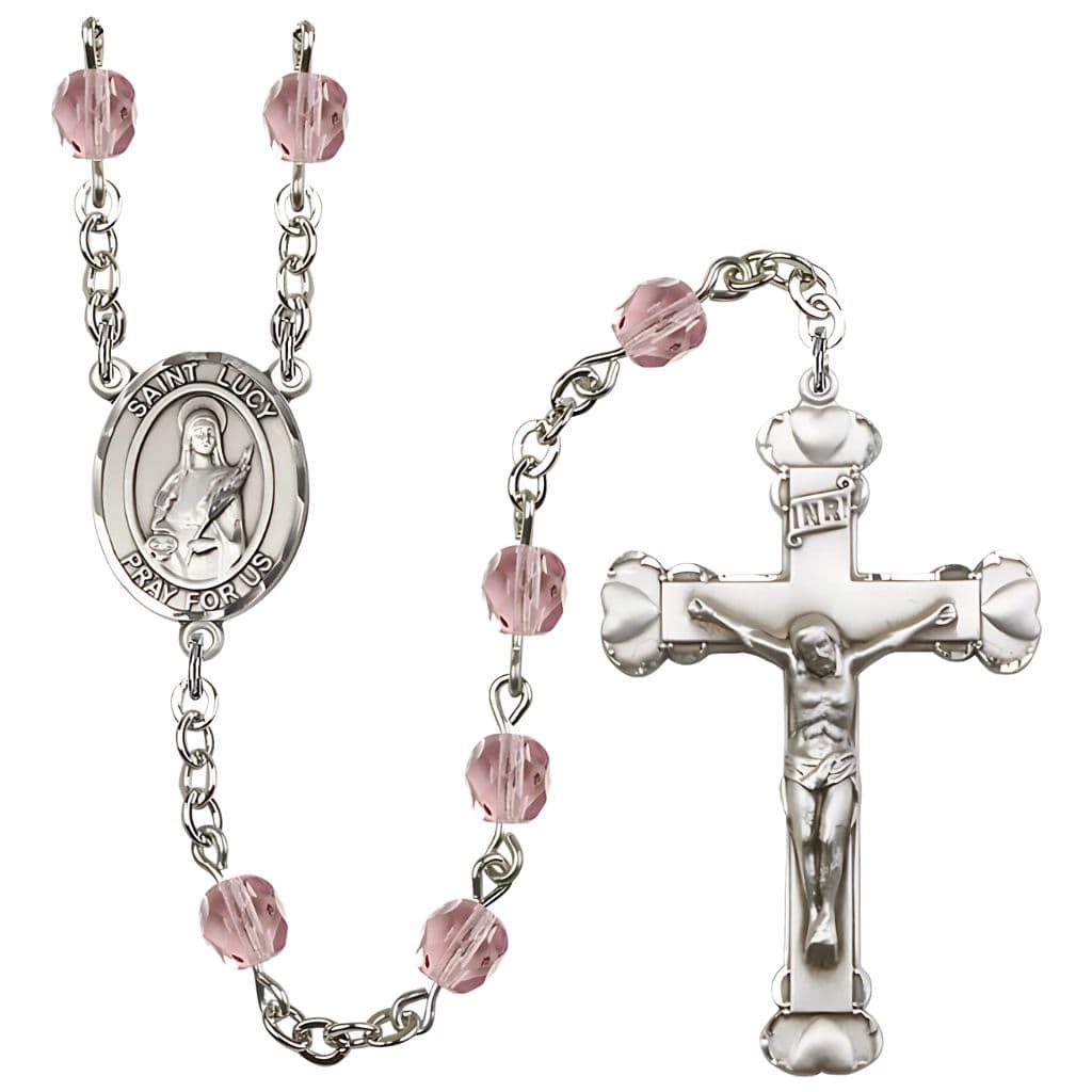 St. Lucy Silver-Plated Light Amethyst Crystal Birthstone Heart Rosary,