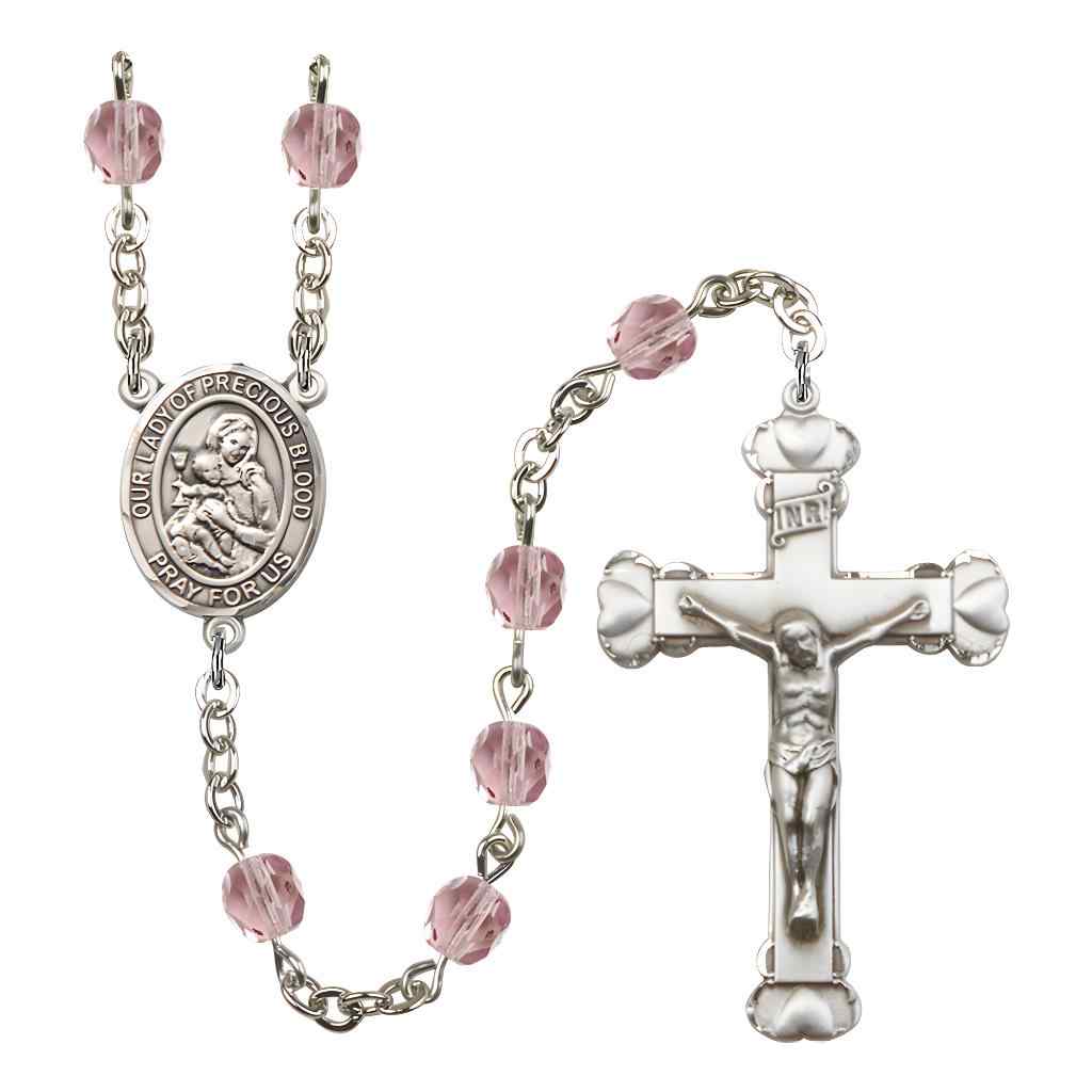 Our Lady of the Precious Blood Rosary with Pewter Heart Crucifix and Centerpiece, Birthstone 6mm Fire Polished Light Amethyst Beads for June