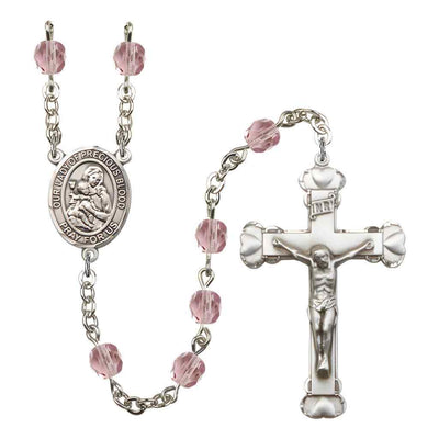 Our Lady of the Precious Blood Rosary with Pewter Heart Crucifix and Centerpiece, Birthstone 6mm Fire Polished Light Amethyst Beads for June