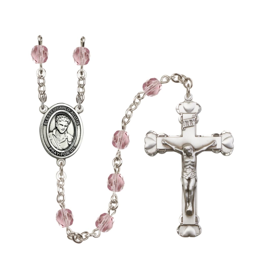 Bliss Silver-Plated Light Amethyst/June Crystal Blessed Carlo Acutis Birthstone Heart Rosary,