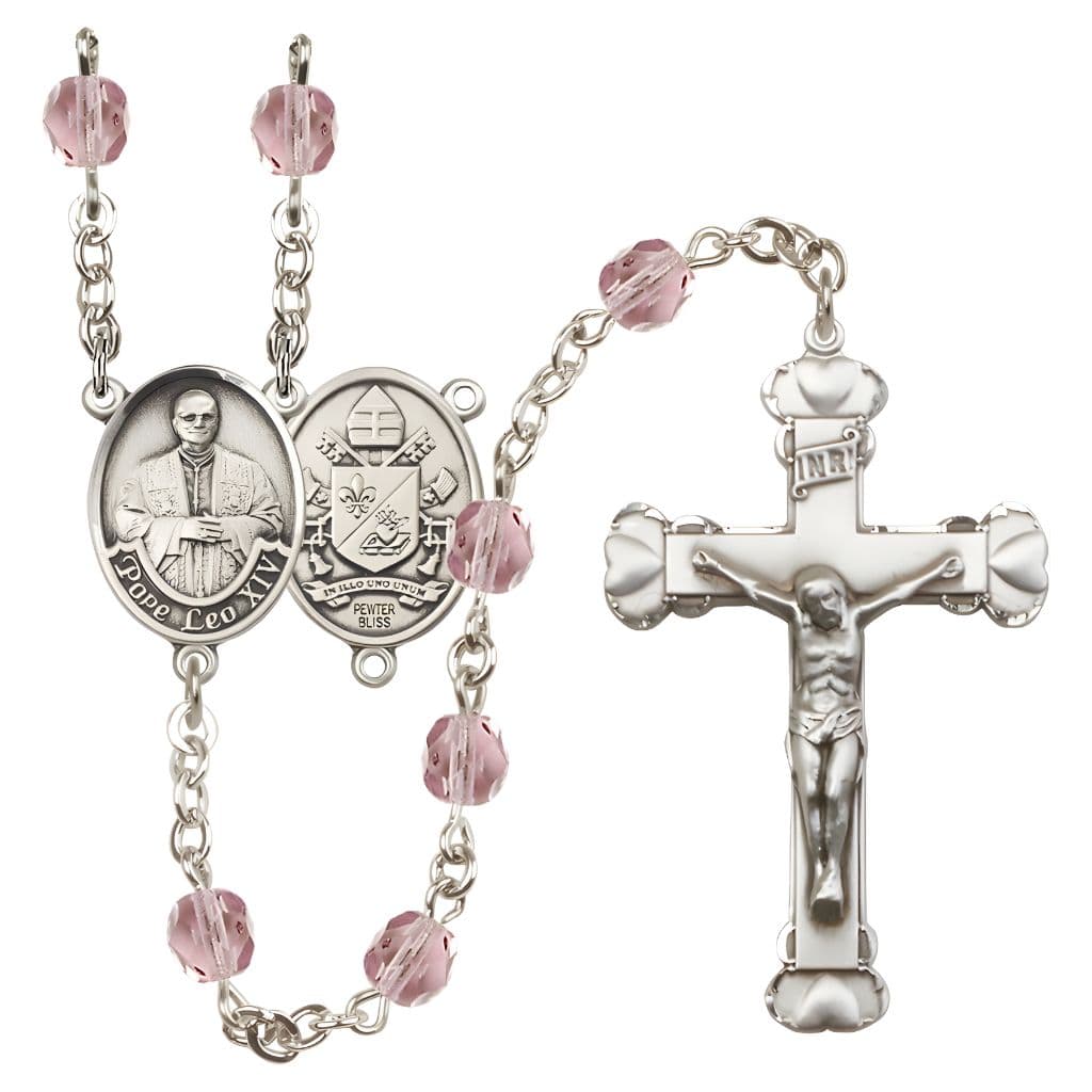 Bliss Pope Leo XIV Birthstone Engravable Rosary with Pewter Center and Heart  Edge Crucifix, 6mm Fire Polished Beads in Light Amethyst for June