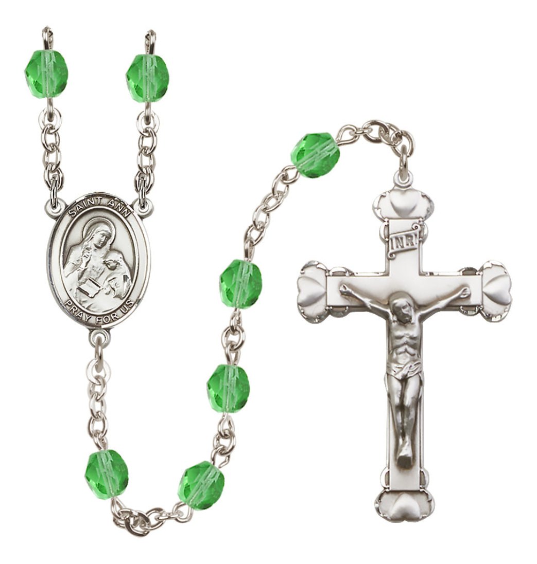 Bliss Manufacturing Silver Plated 6mm Fire Polished Saint Ann Rosary in Peridot