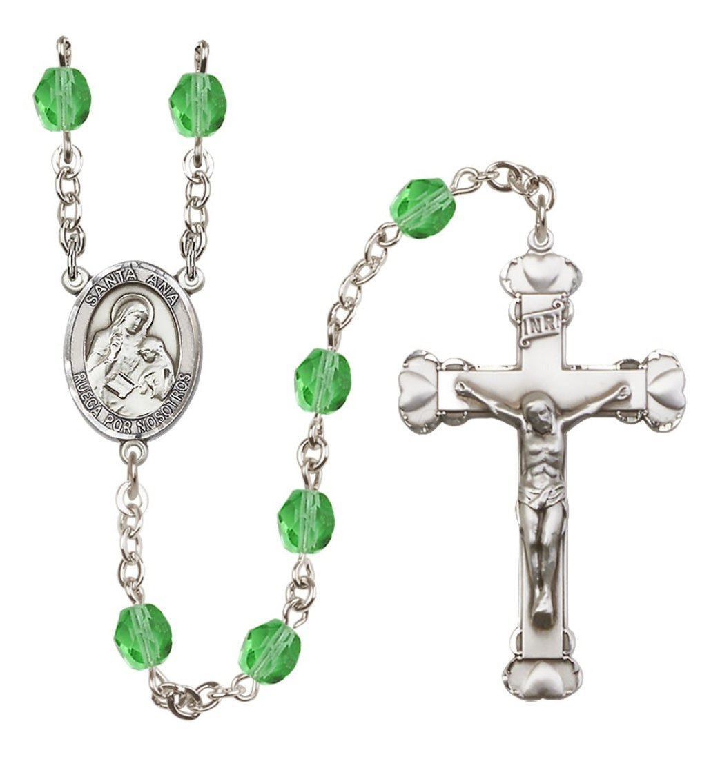 Bliss August Peridot Silver-Plated Crystal Santa Ana Birthstone Heart Rosary,