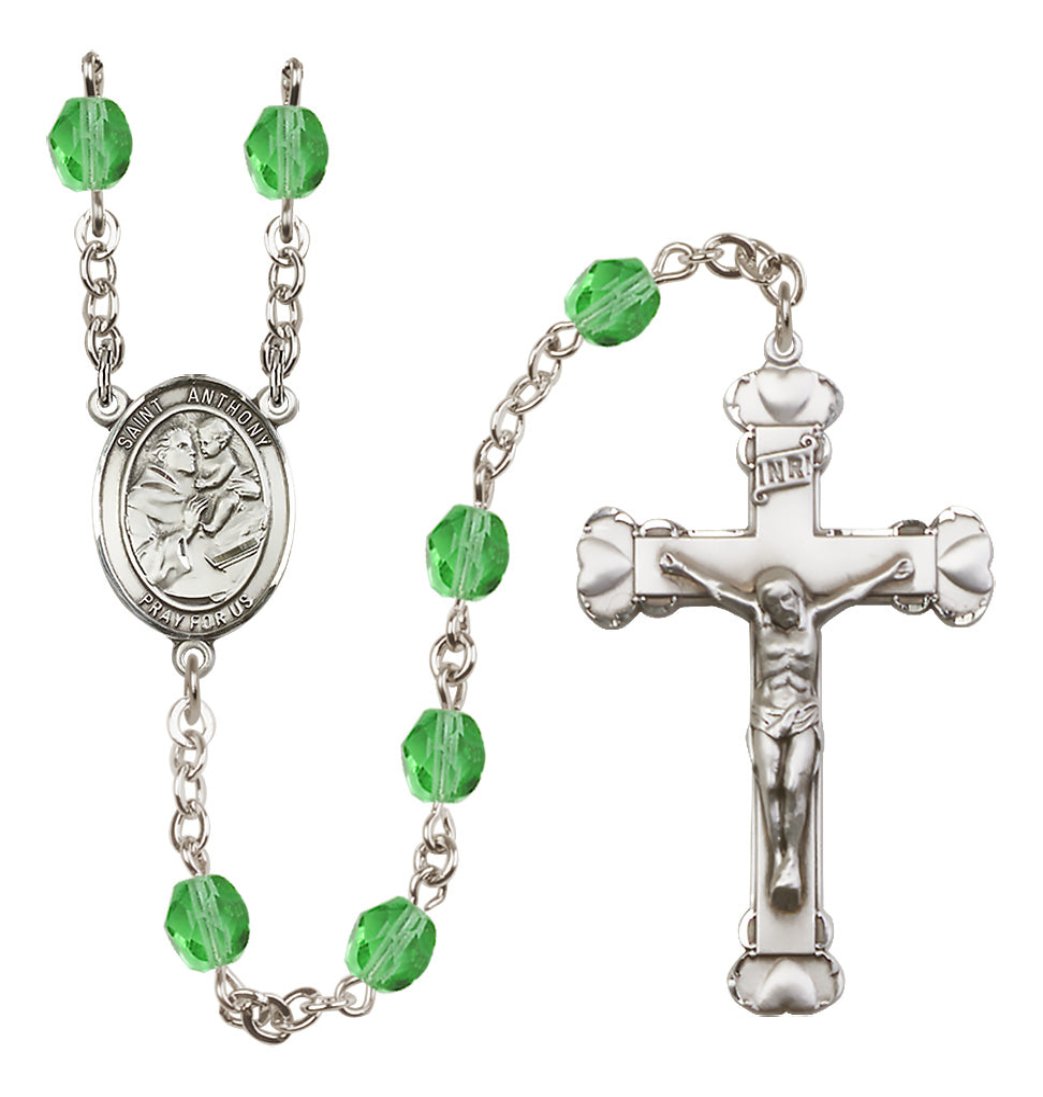 Peridot Bliss Silver-Plated Crystal St Anthony of Padua Birthstone Heart Rosary,