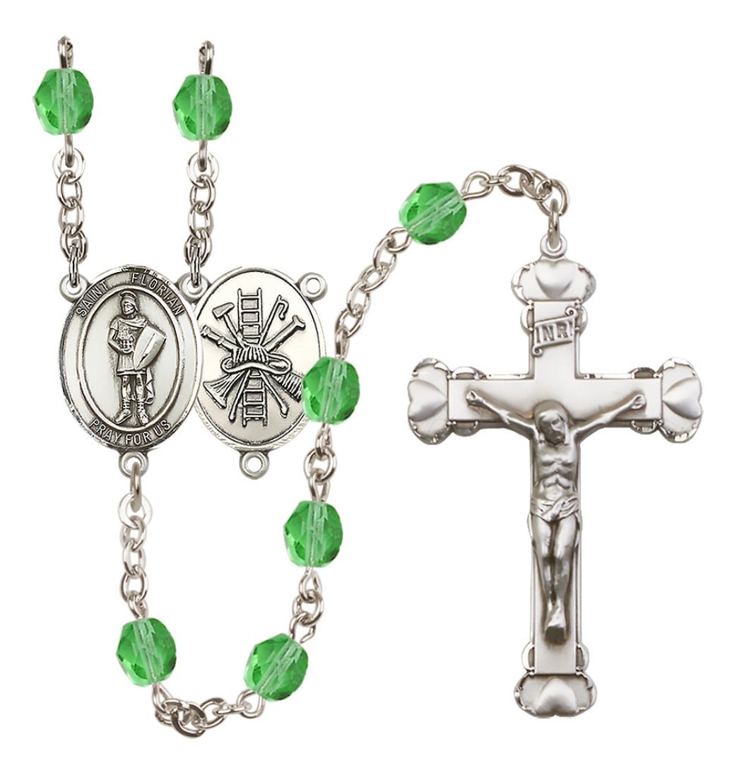 Bliss St Florian Firefighter Birthstone Crystal Silver-plated Heart Tip Rosary in Peridot August Birthstone,