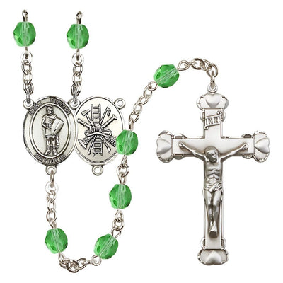 St Florian Firefighter Birthstone Crystal Silver-plated Heart Tip Rosary in Peridot August Birthstone, Bliss Manufacturing