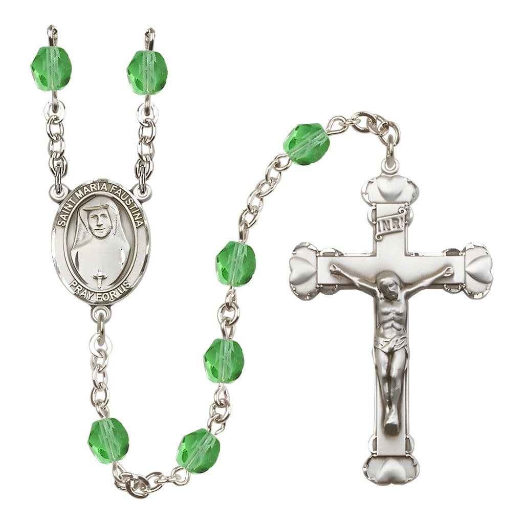 Bliss St. Maria Faustina Birthstone Engravable Heart Edge Rosary with Fire Polished Peridot Beads,