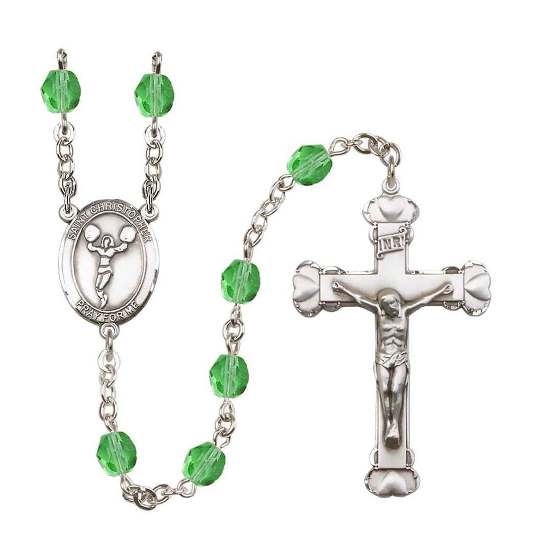 Bliss St Christopher Cheerleading Aug/Peridot 6mm Fire Polished Heart Rosary